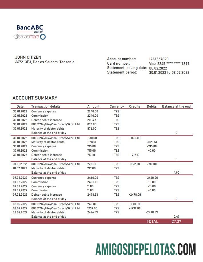 Modelo de extrato bancário BancABC da Tanzânia